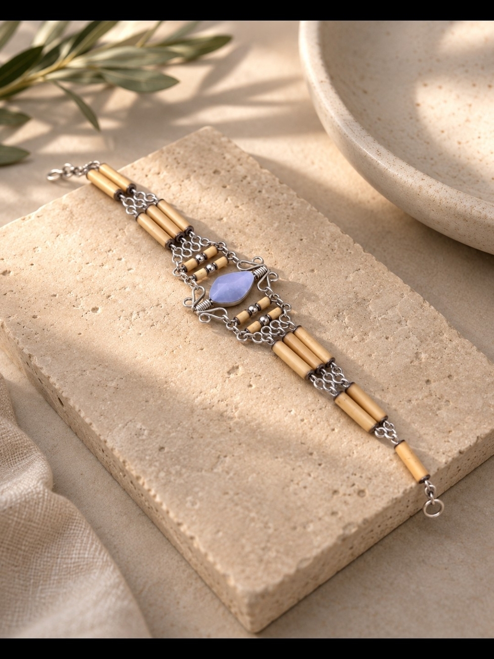 Handcrafted Silver Bracelet with Lavender Stone and Gold Beads
